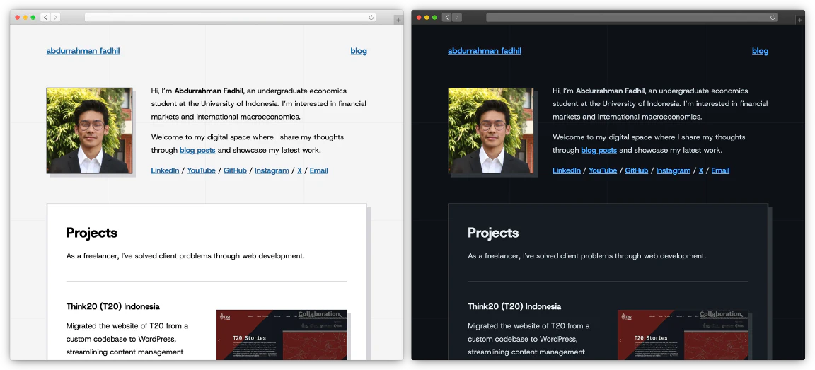 Home page light vs dark
