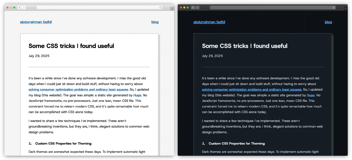 Blog post page light vs dark